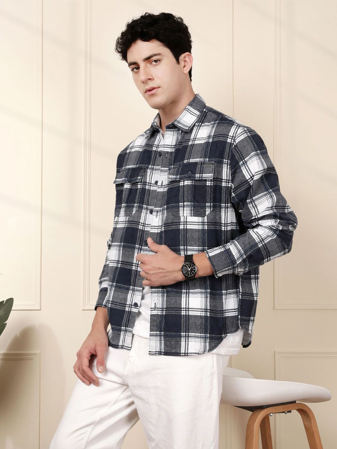 WROGN Men Comfort Relaxed Fit Spread Collar Tartan Checked Cotton Casual Shirt-picture-32