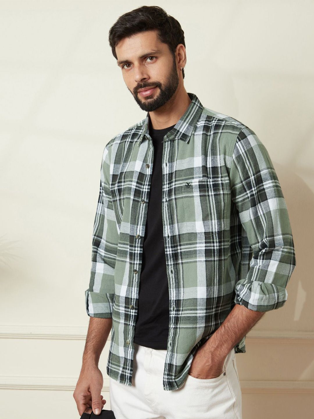 WROGN Men Comfort Slim Fit Spread Collar Tartan Checked Cotton Casual Shirt-picture-30