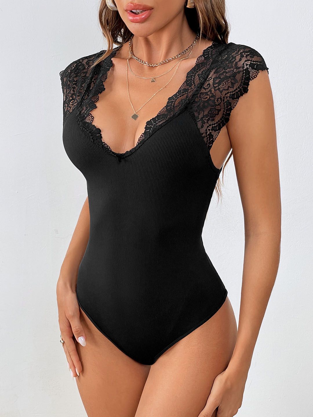 DressBerry Lace Insert Ribbed Strappy Bodysuit