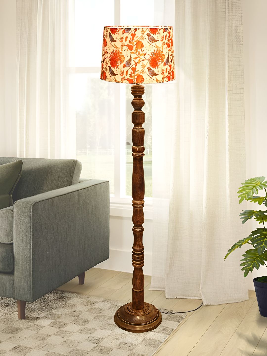 Homesake Red & Beige Printed Wooded Floor Lamp-image-13