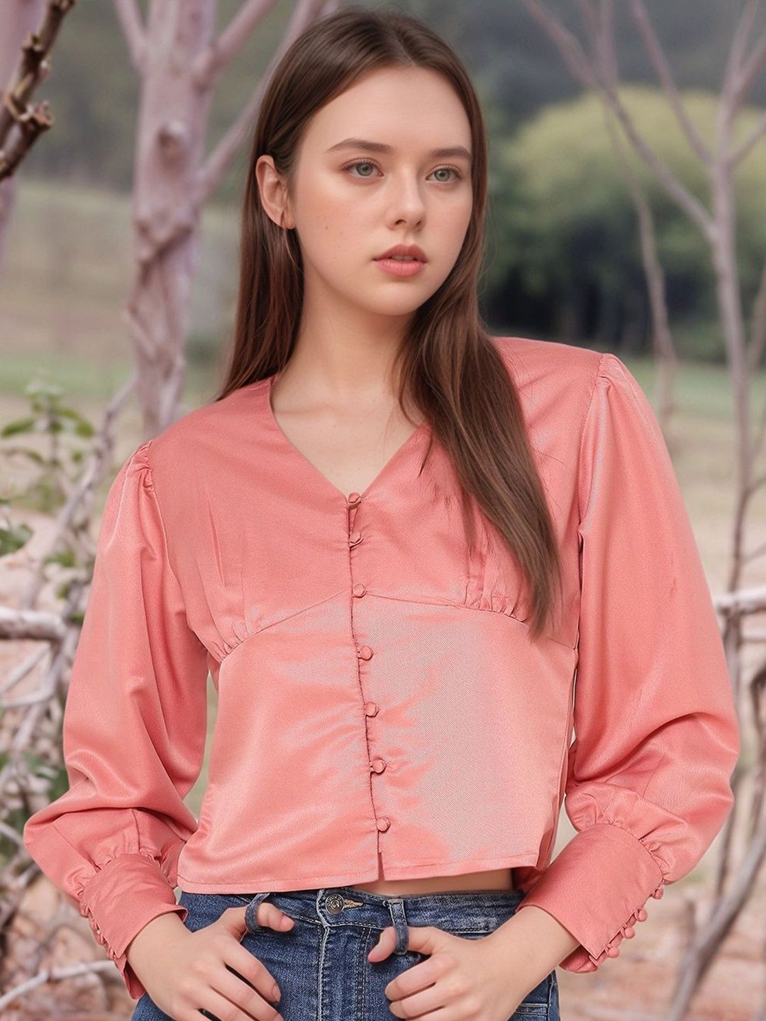 RARE Women V-Neck Cuffed Sleeves Peplum Top-picture-15