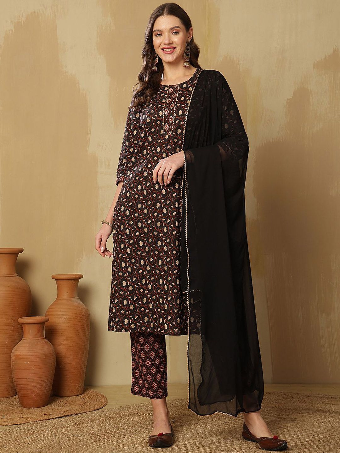 Floral printed black round_neck Pure Cotton Kurta Set With Trouser & Dupatta