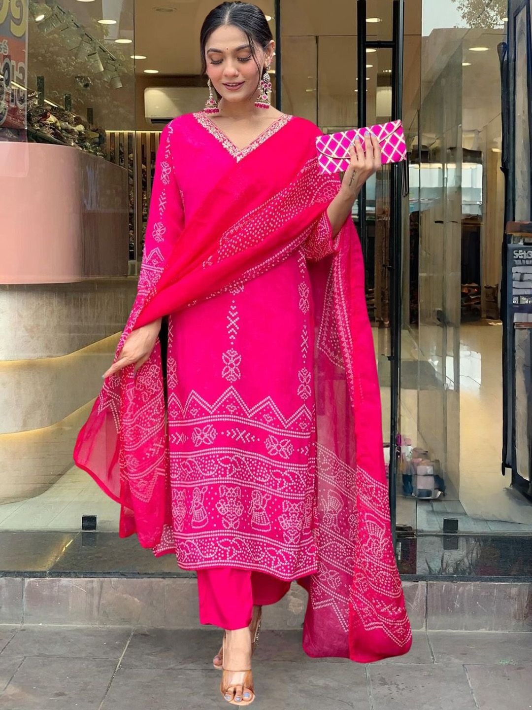 KALINI Bandhani Prinred Gotta Patti V Neck Straight Kurta With Trousers And Dupatta-picture-26