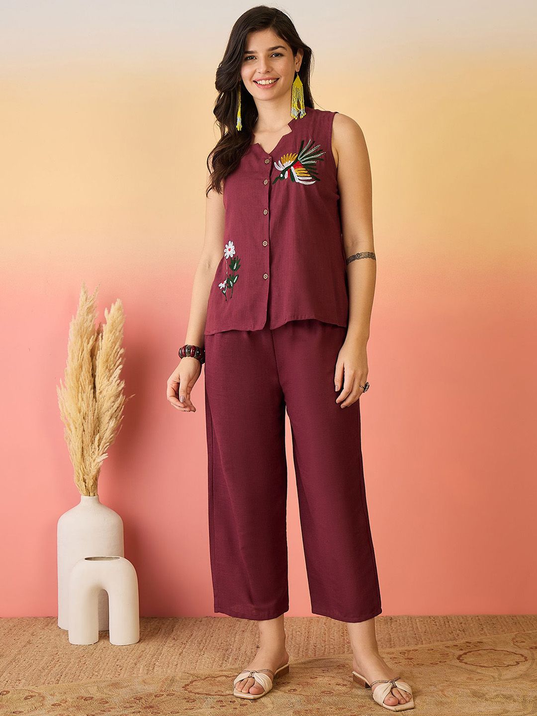 Sangria Maroon And White Embroidered V-Neck Pure Cotton Top & Trousers-picture-40