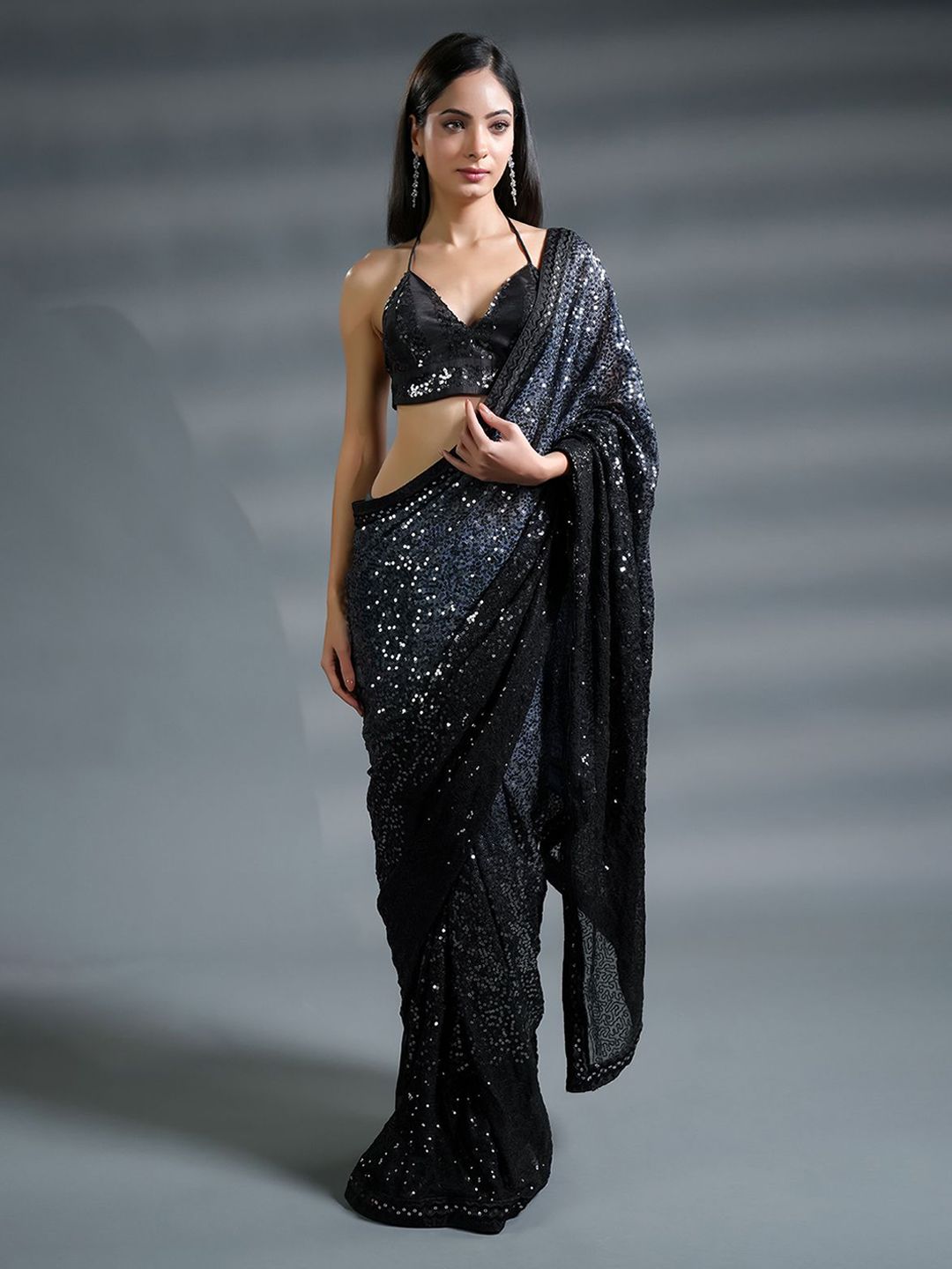 Black Stripe Lace Saree with Sequin and Blouse Fabric