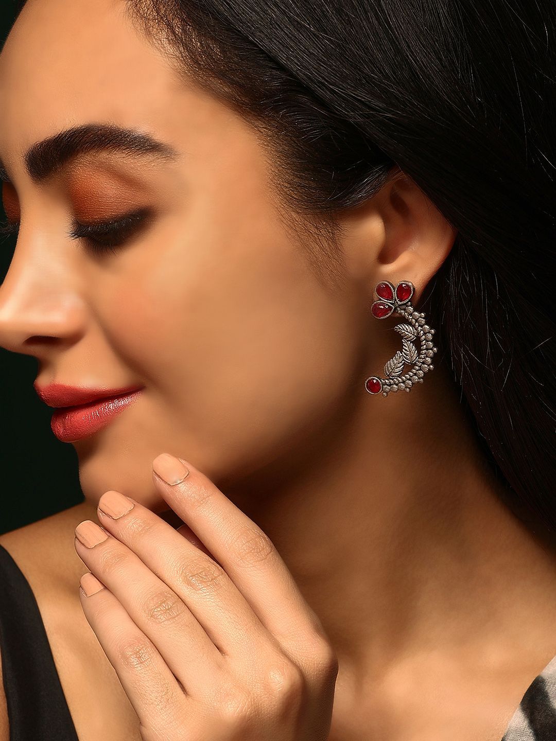 Priyaasi Silver-Plated Faux Ruby Studded Oxidised Contemporary Drop Earrings-picture-2