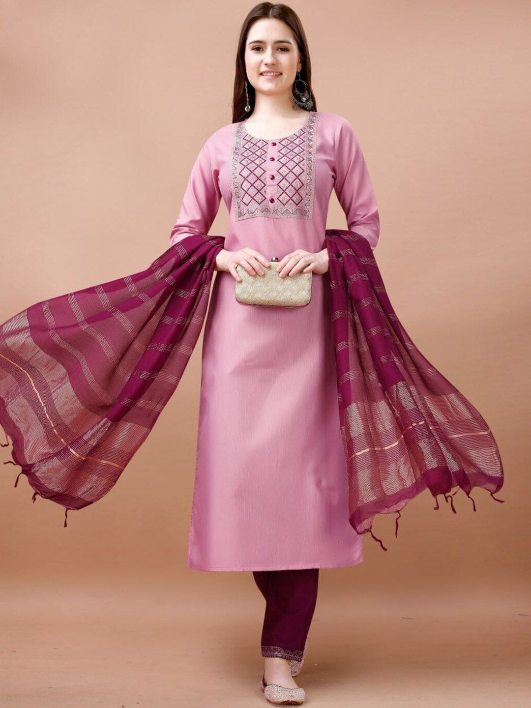 Floral Yoke Design Regular Thread Work Kurta With Trousers & Dupatta