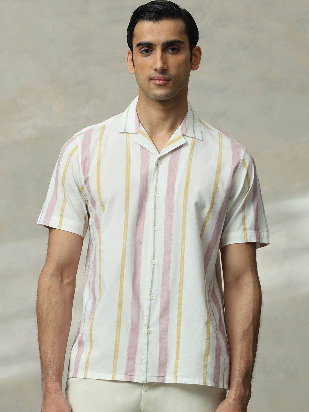 Mufti Men Slim Fit Cuban Collar Vertical Striped Cotton Casual Shirt-picture-33