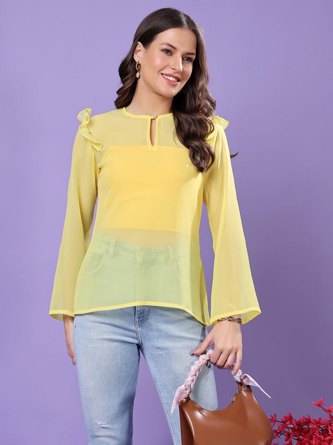 Cation Women Print Keyhole Neck Flared Sleeve Chiffon Tube Top-picture-23