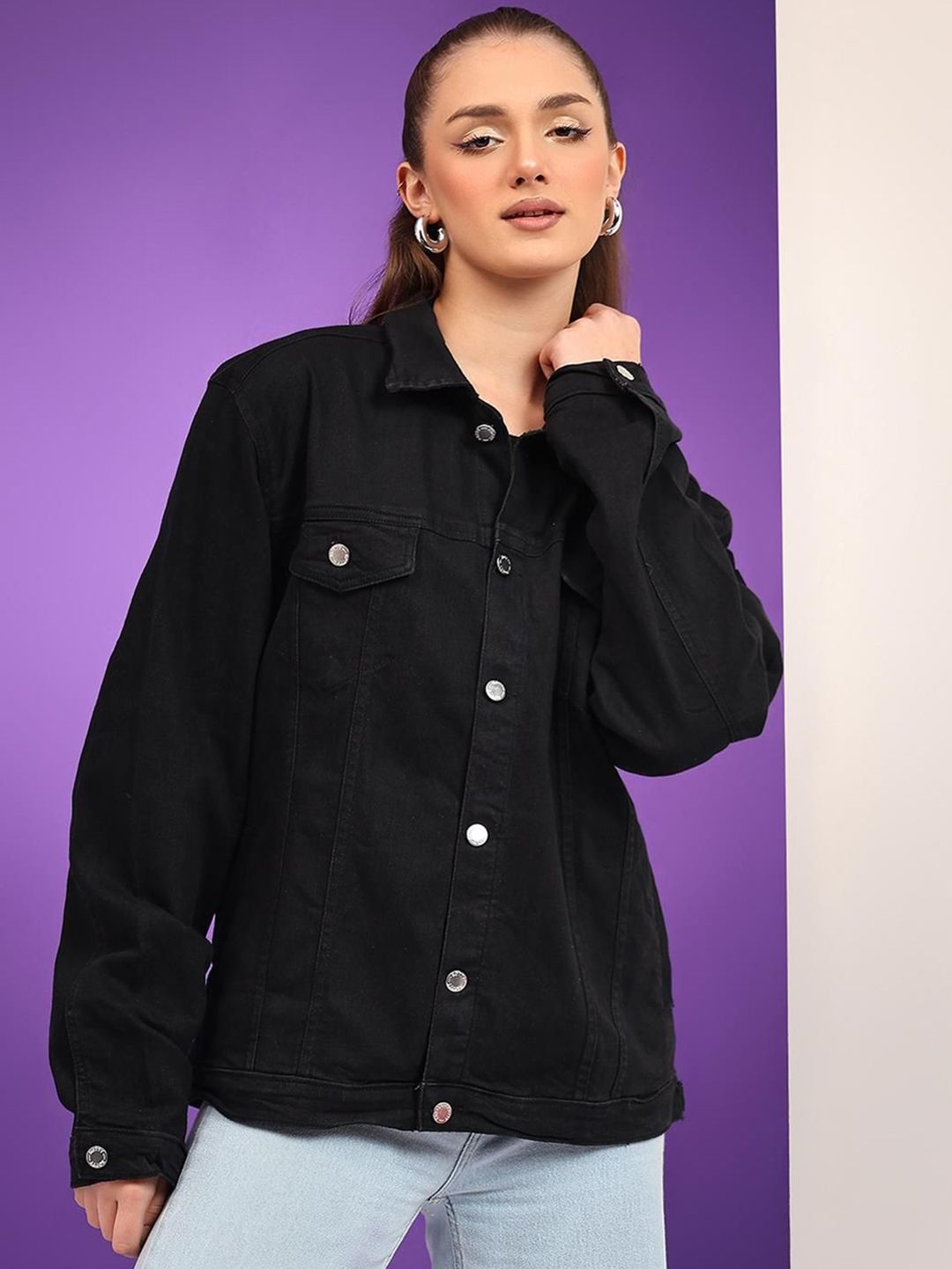 Kotty Women Spread Collar Solid Casual Denim Jacket