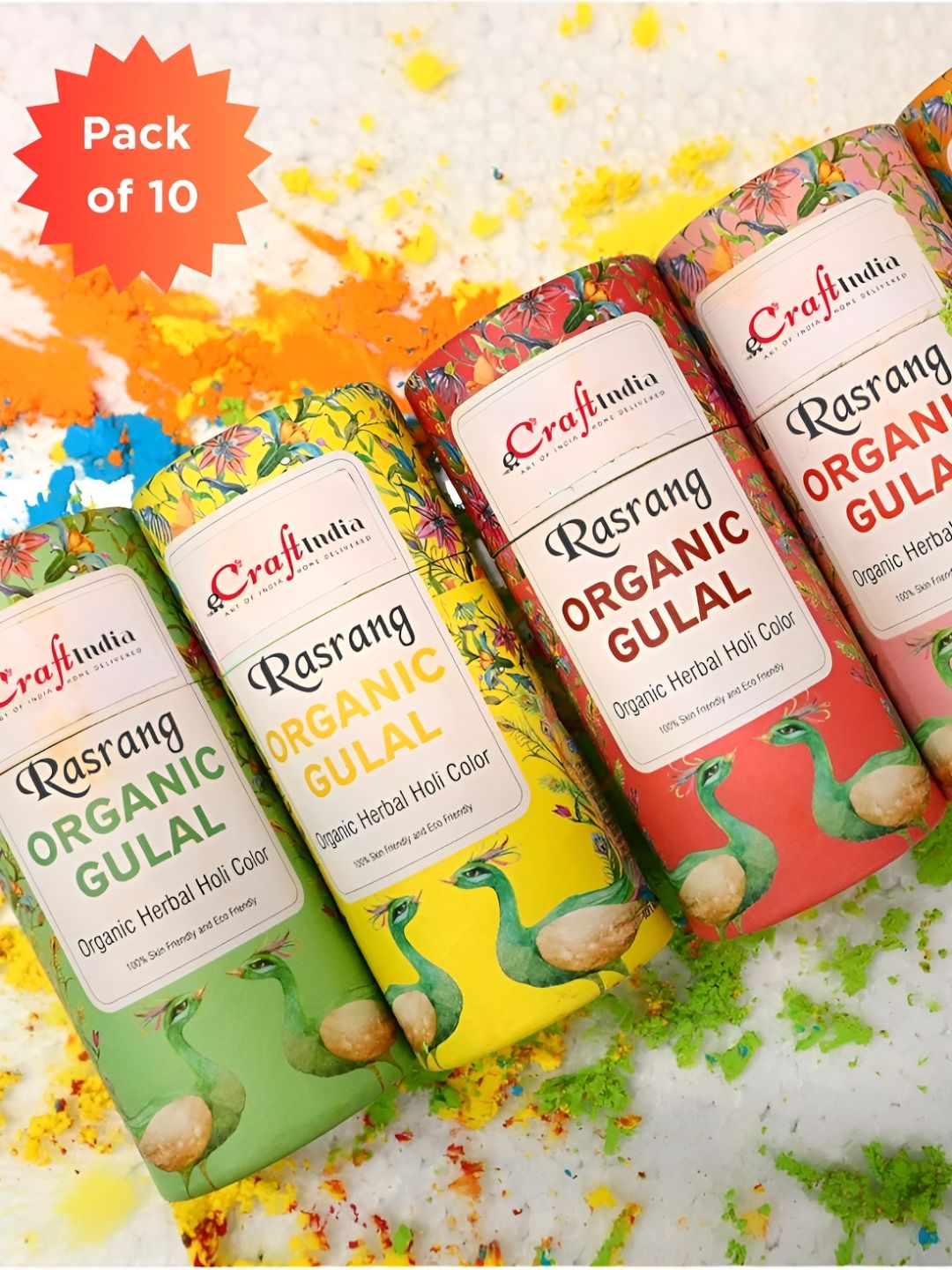 eCraftIndia 10-Pcs Yellow & Green Rasrang Organic Herbal Gulal Holi Colours