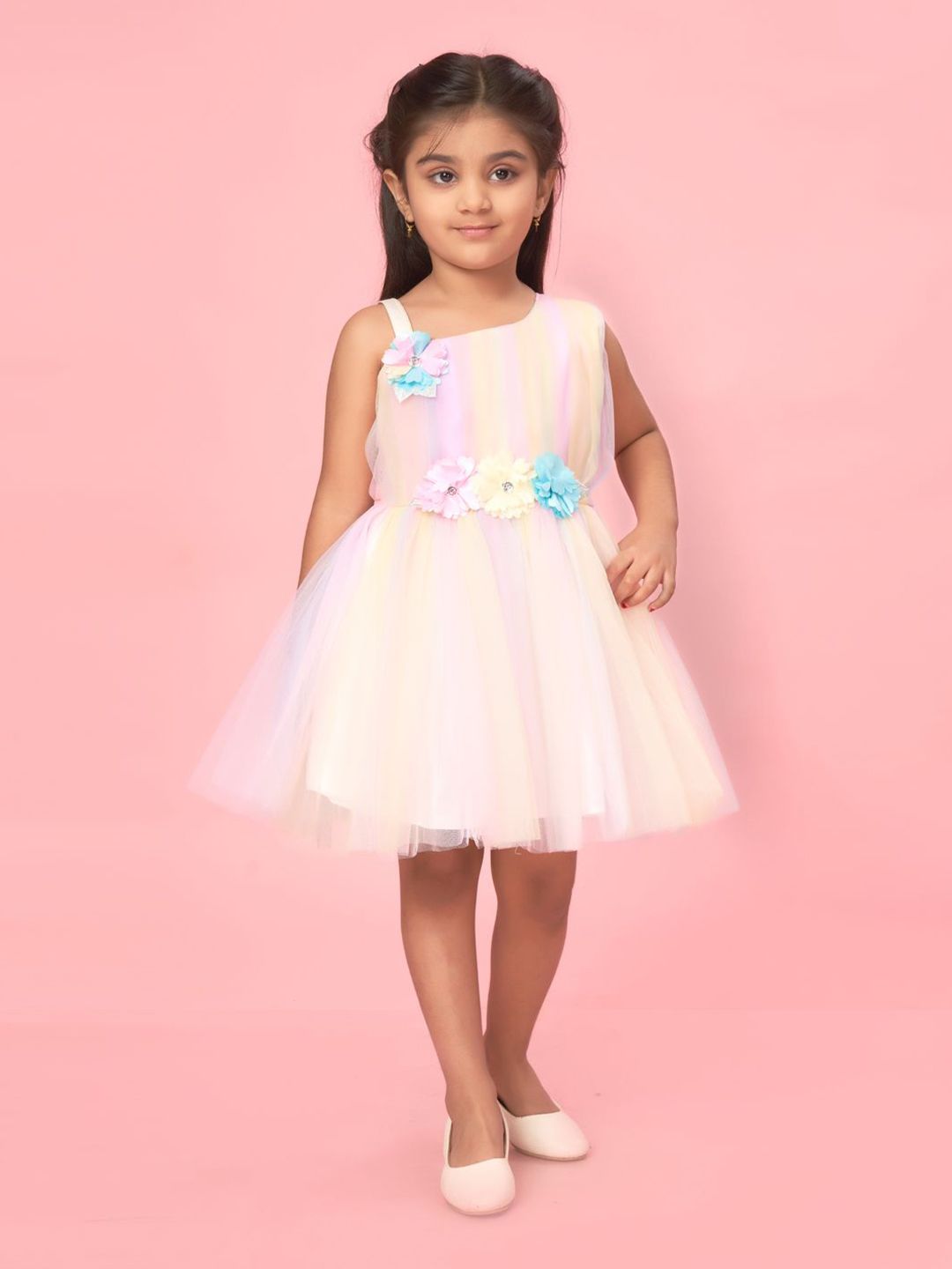 HERE&NOW Girls Striped Asymmetric Neck Net Fit & Flare Dress-picture-12