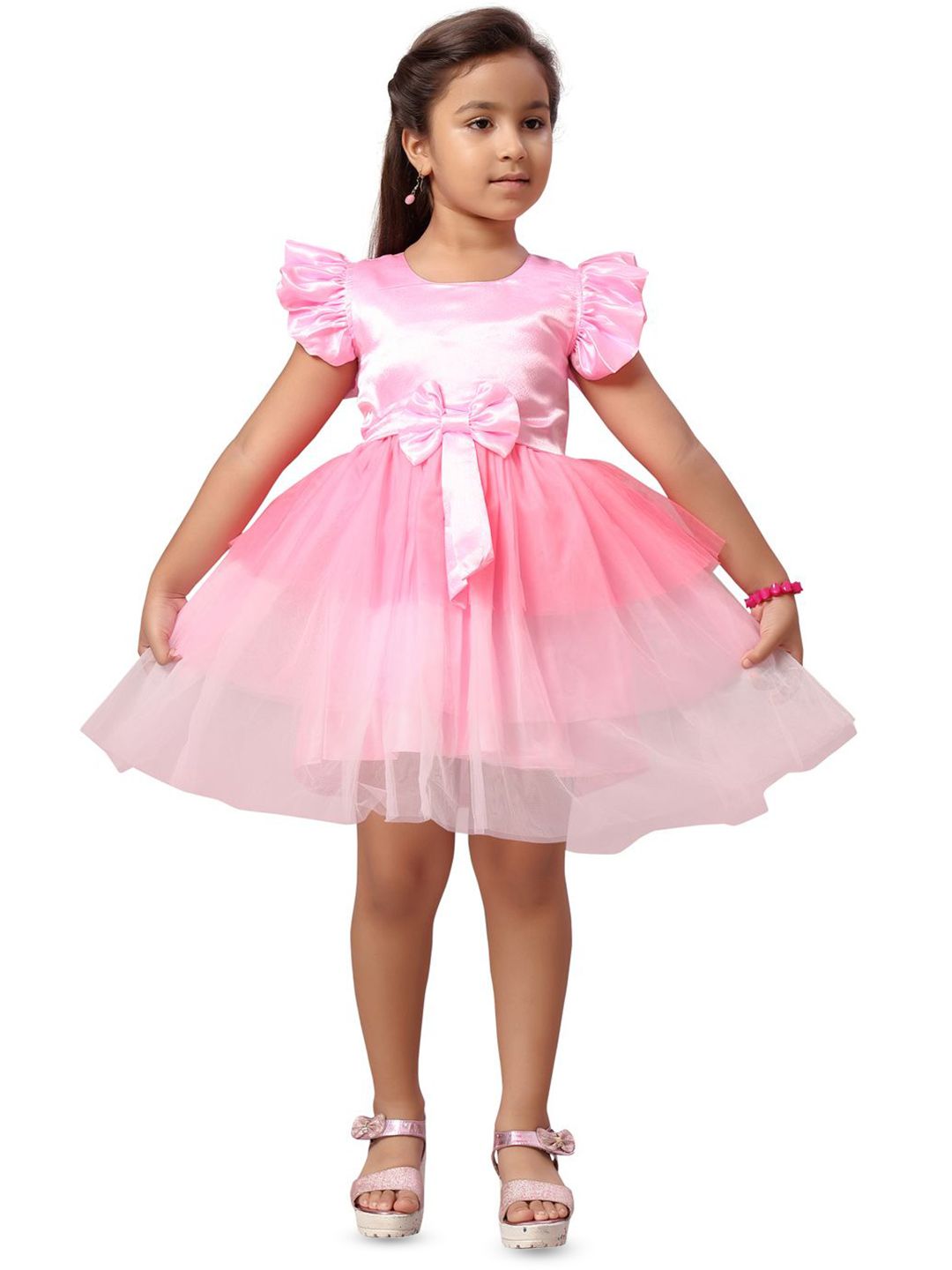 HERE&NOW Girls Flutter Sleeve Net Fit & Flare Dress-image-39
