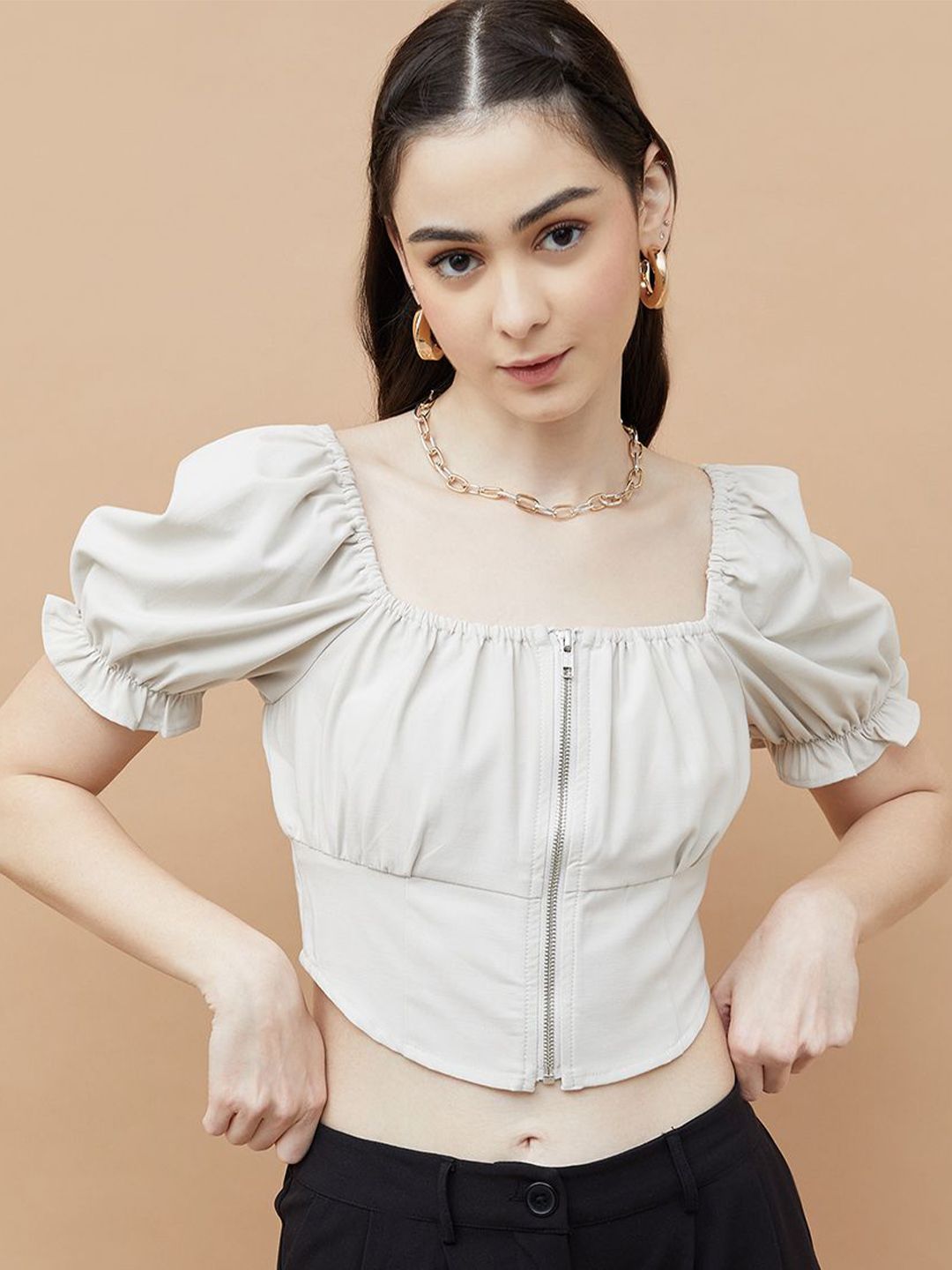 Ginger by Lifestyle Women Square Neck Puff Sleeves Cinched Waist Top-picture-16