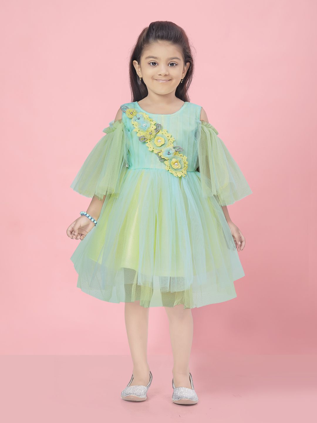 HERE&NOW Girls Cold-Shoulder Net Fit & Flare Dress-picture-11