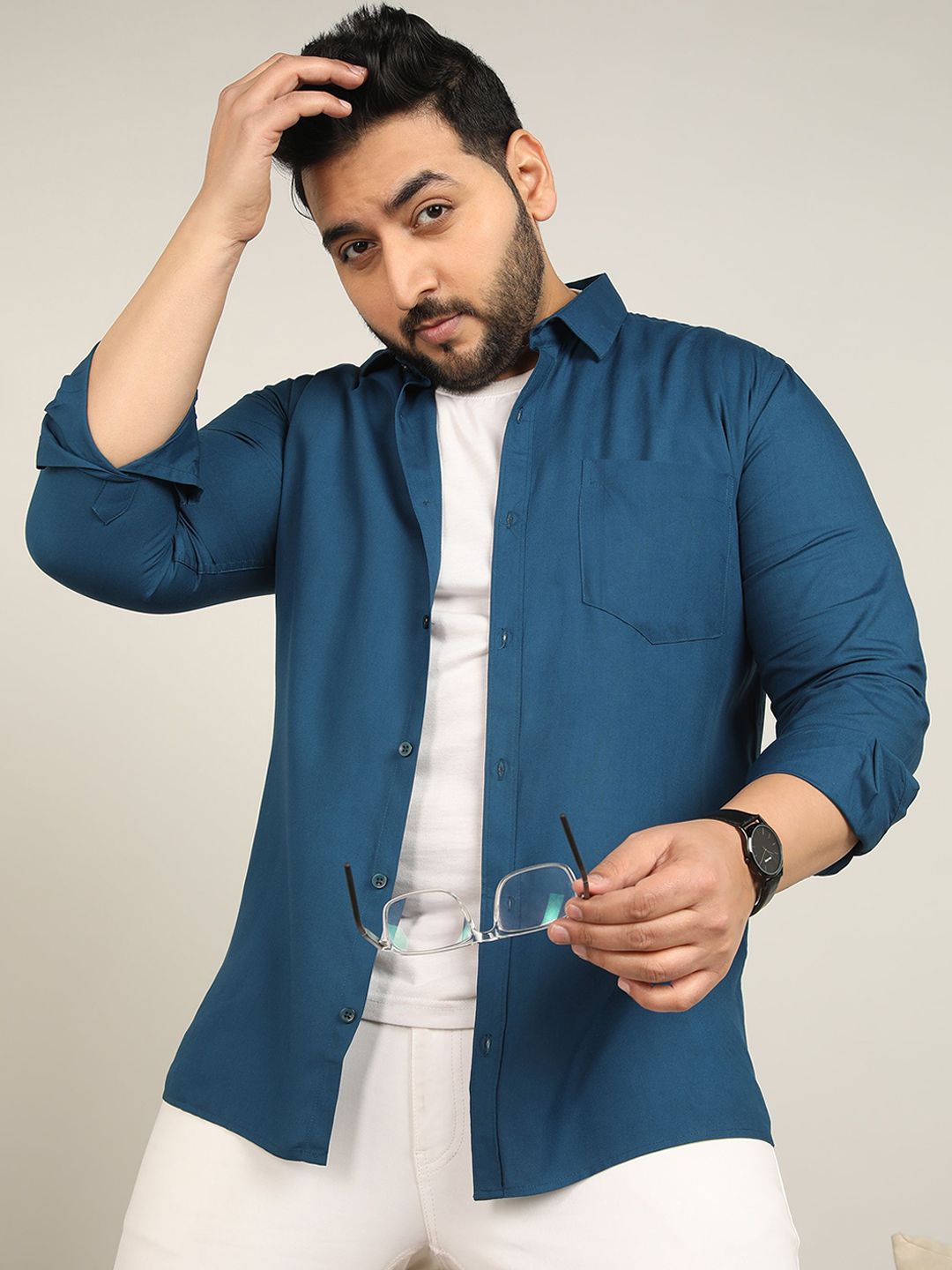 ADWYN PETER Men Plus Size Classic Fit Spread Collar Solid Cotton Casual Shirt-picture-18