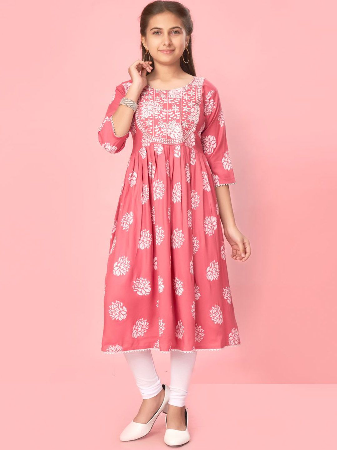 BAESD Girls Floral Embroidered Mirror Work Anarkali Pure Cotton Kurta with Leggings-picture-29