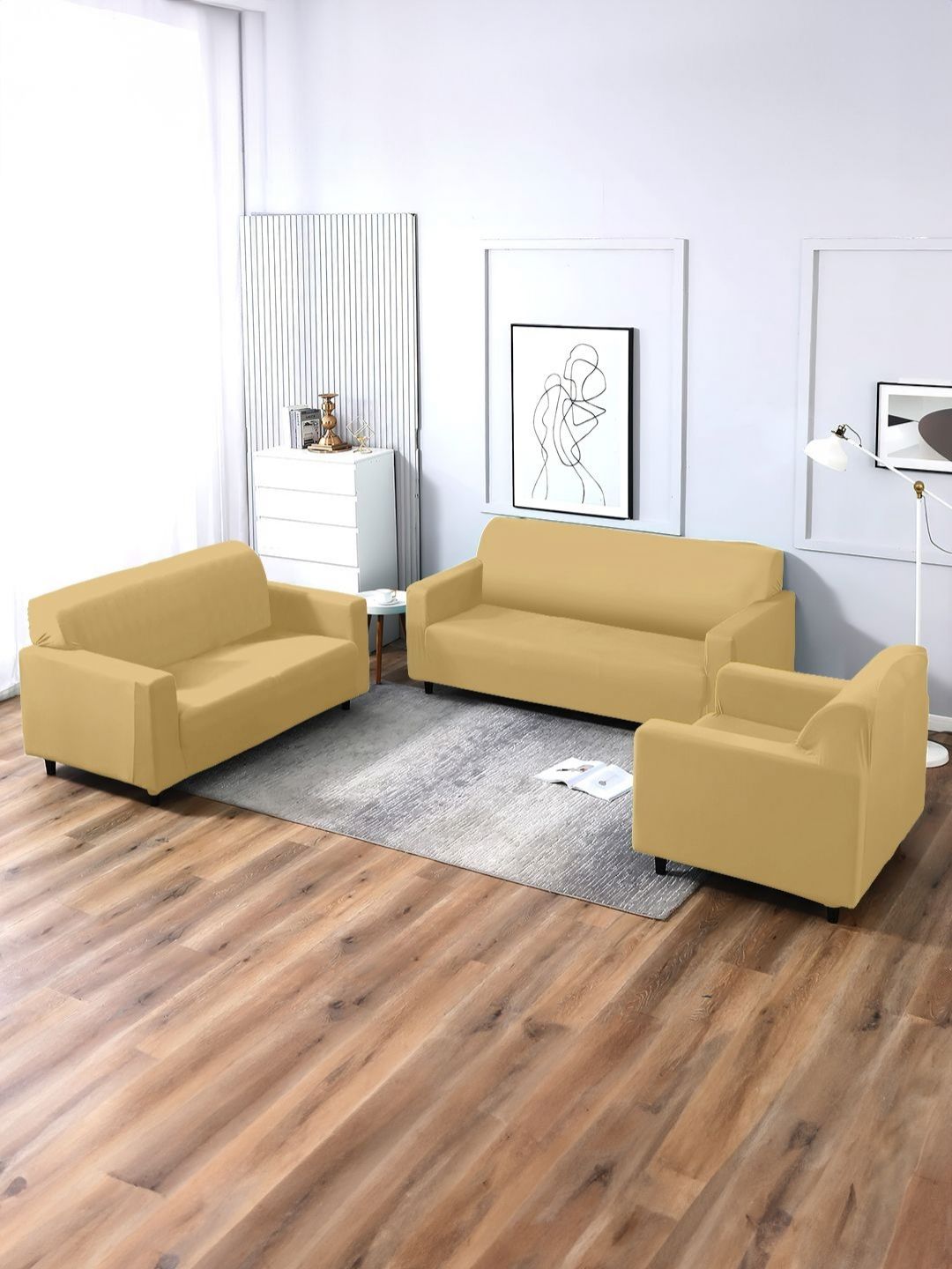 Aura Beige Stretchable Three Seater Sofa Cover With 2 Single Seater Sofa Cover-image-43