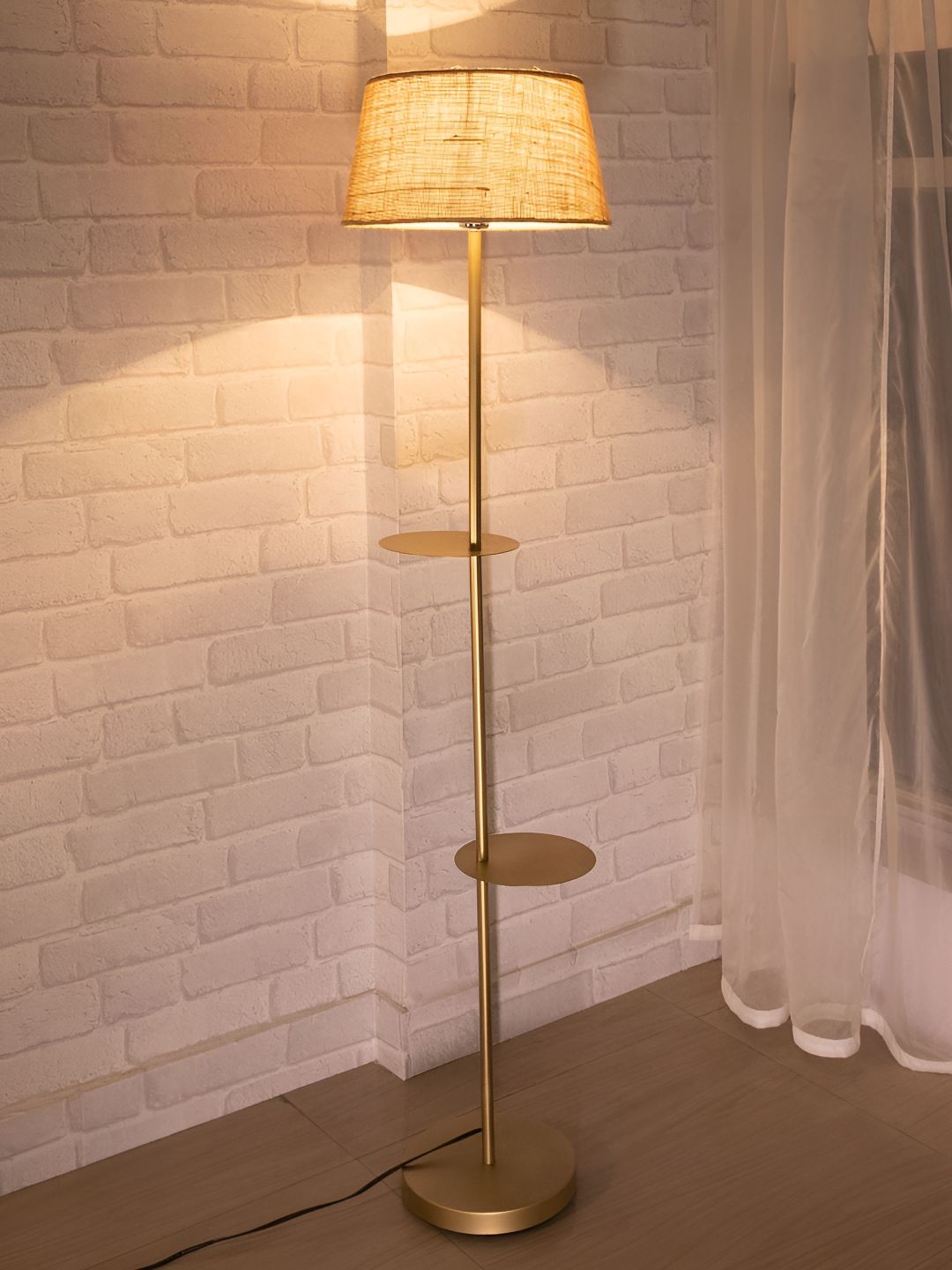 Homesake Beige & Yellow Contemporary Floor Lamp With Shelf-image-23