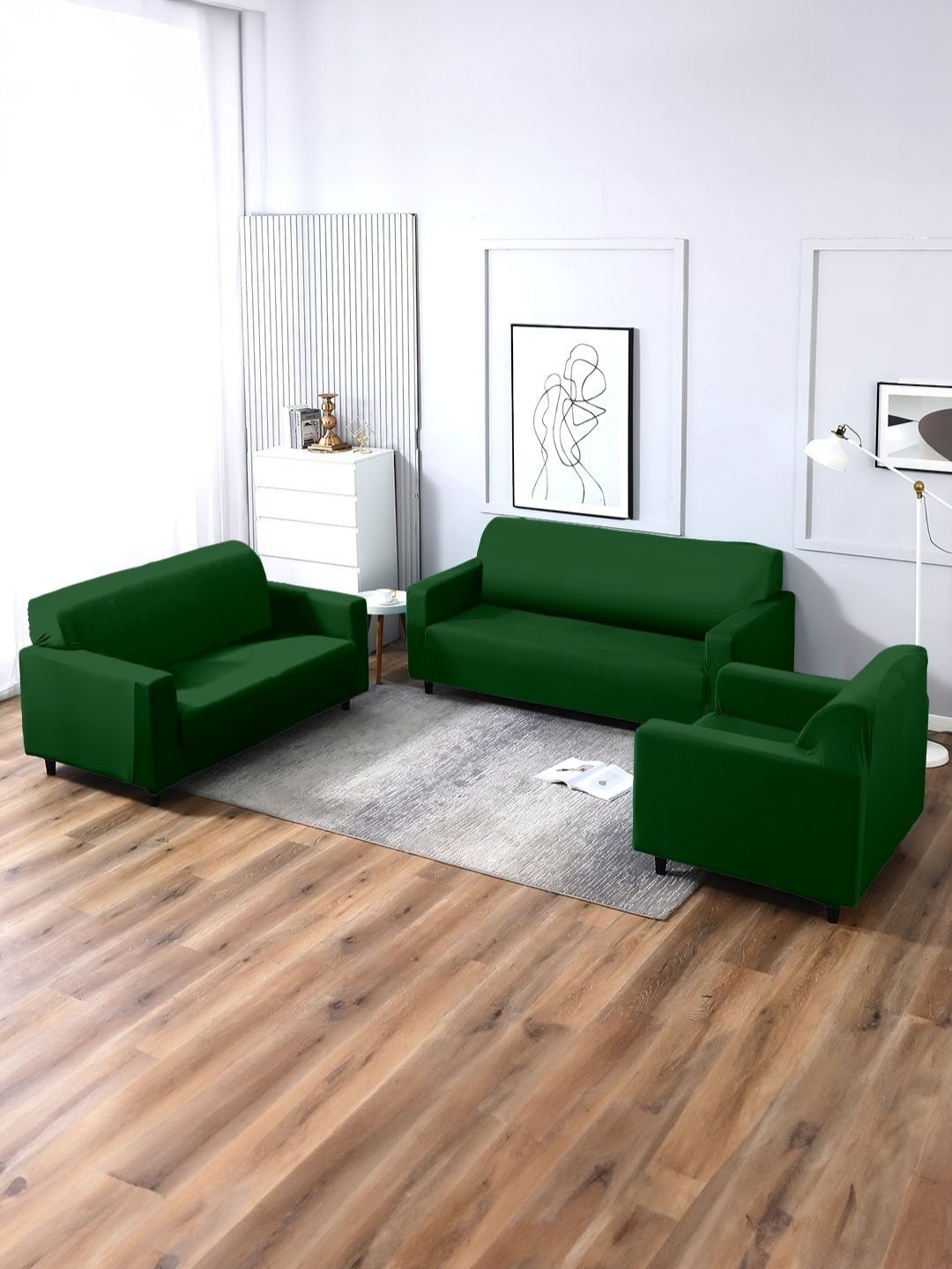 Aura Green Stretchable Three Seater Sofa Cover With 2 Single Seater Sofa Cover-image-49