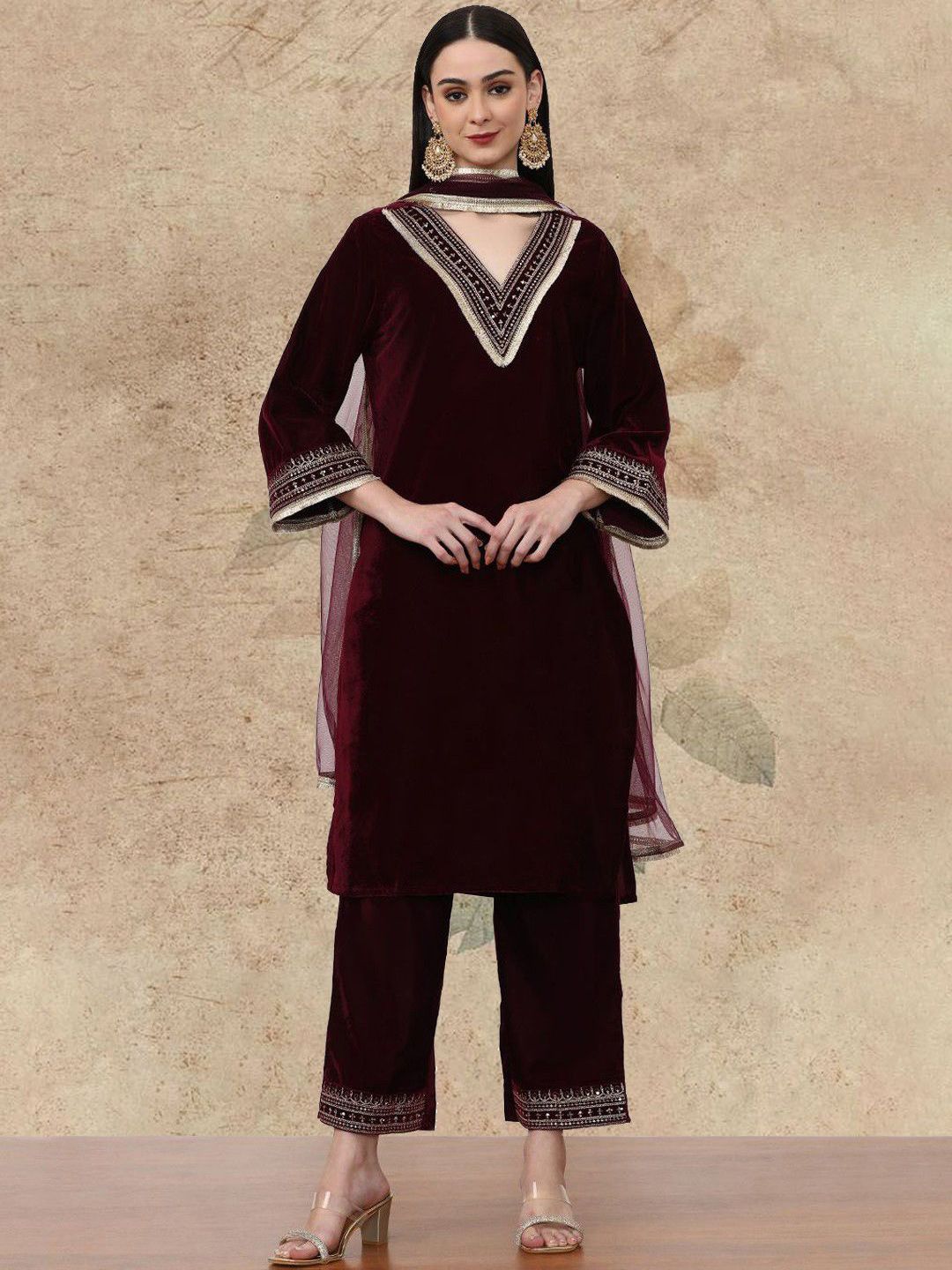 AVANSHEE Women Ethnic Motifs Embroidered Regular Thread Work Velvet Kurta with Trousers & With Dupatta-image-6