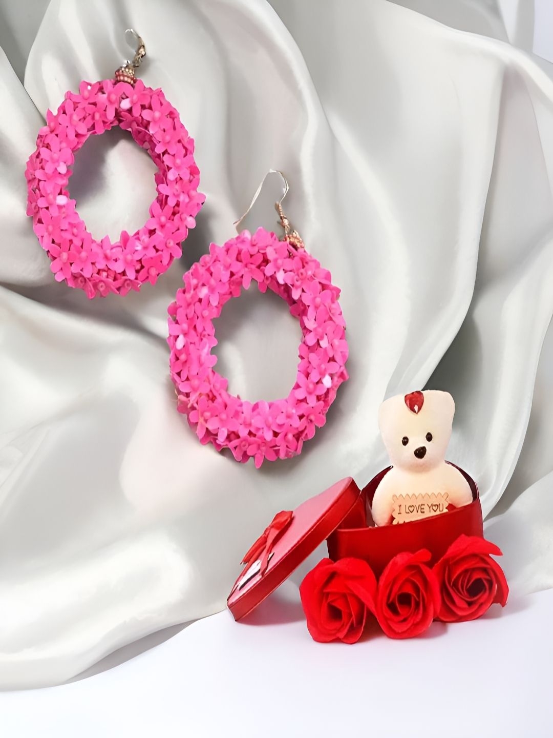 UNIVERSITY TRENDZ 2Pcs Red & Pink Hoop Earrings & Teddy Bear Gift Set-image-19