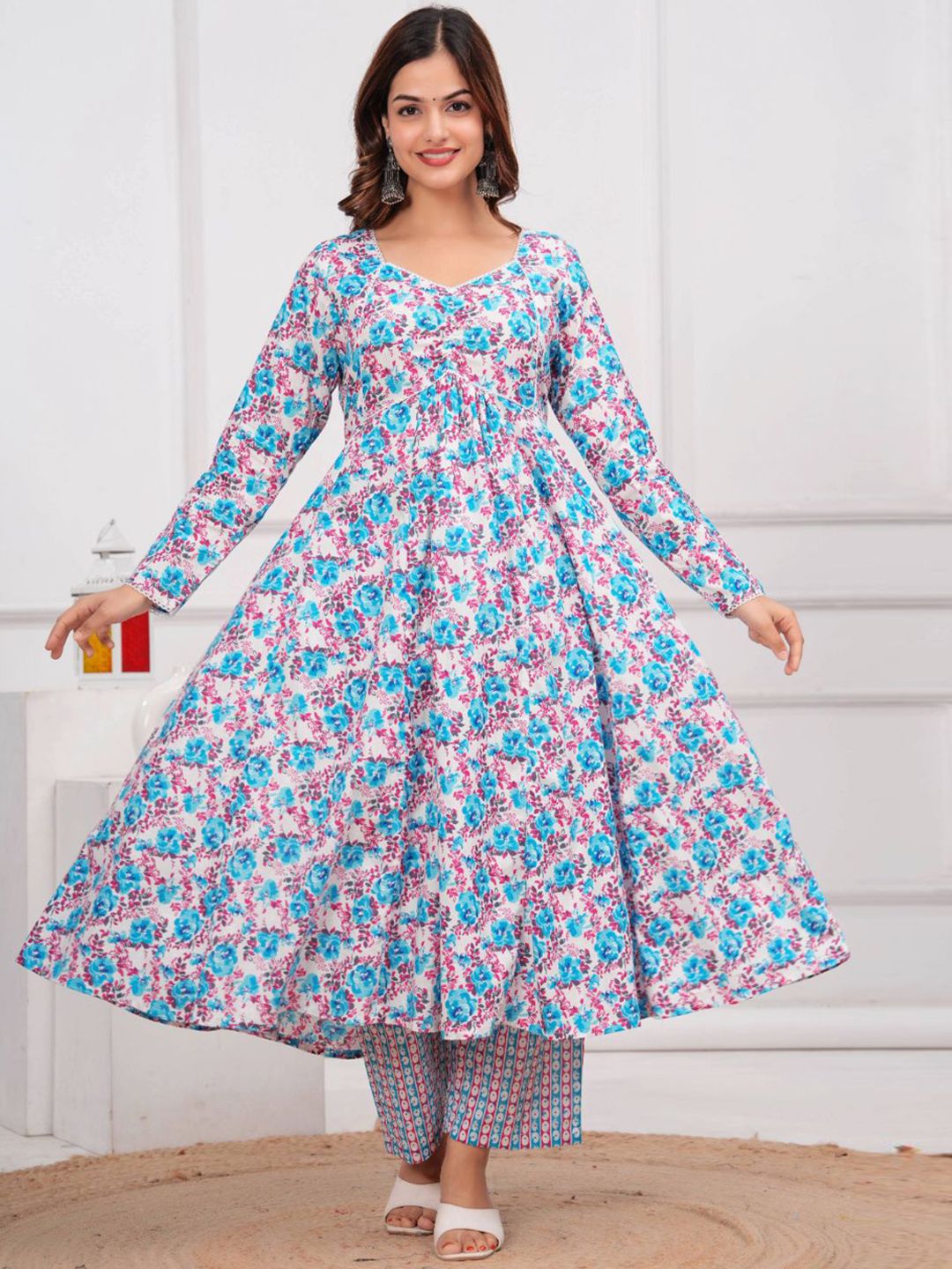 MANOJAVA Floral Printed Empire Pure Cotton Anarkali Kurta with Palazzos & Dupatta
