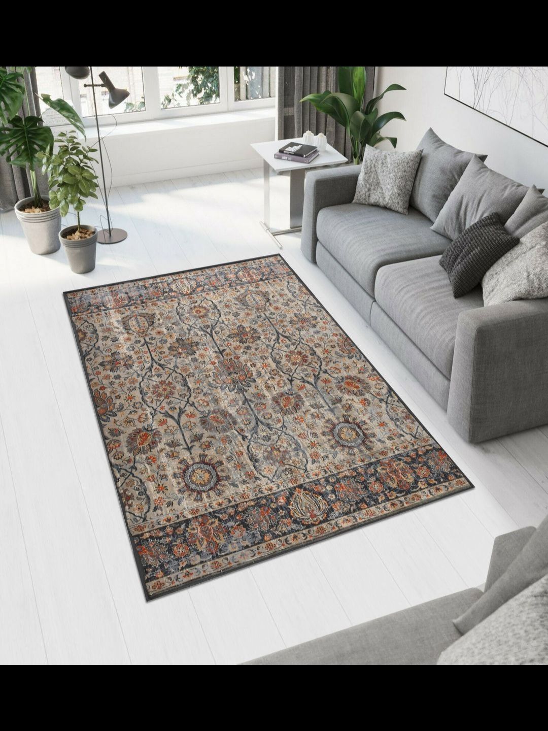 MAA HOME CONCEPT Beige Floral Anti-Skid Woollen Carpet-image-7