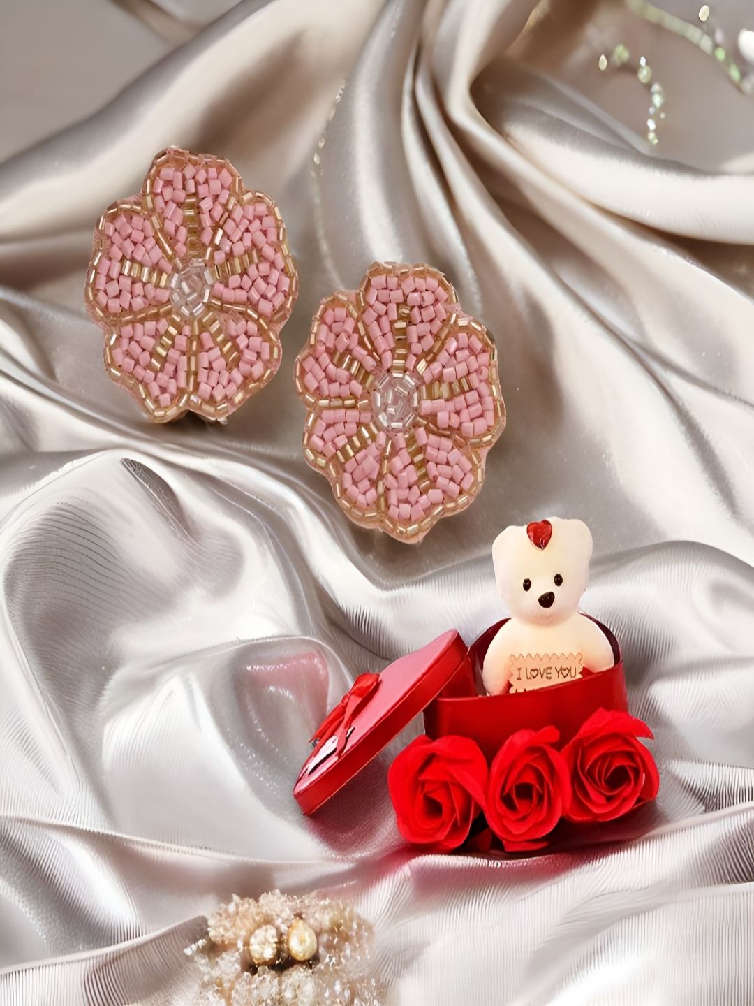 UNIVERSITY TRENDZ 2Pcs Red & White Floral Earrings & Teddy Gift Set-image-20