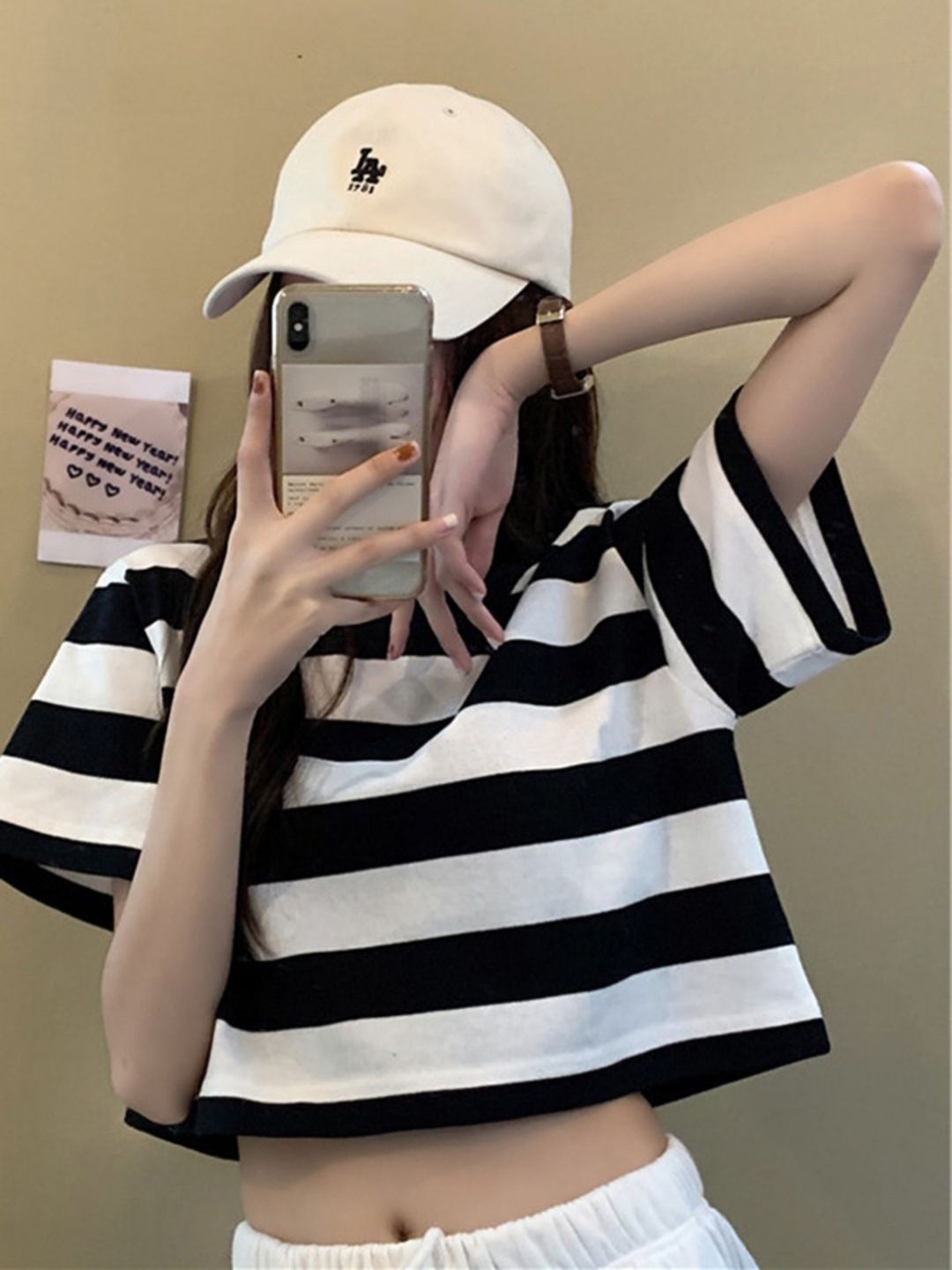 DressBerry Women Striped Mandarin Collar Extended Sleeves Applique T-shirt-picture-41