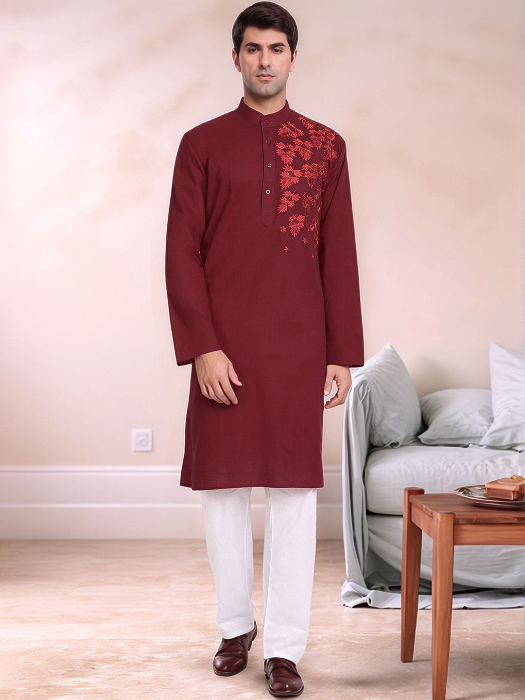 Moda Rapido Men Floral Embroidered Regular Pure Cotton Kurta with Pyjamas-image-21