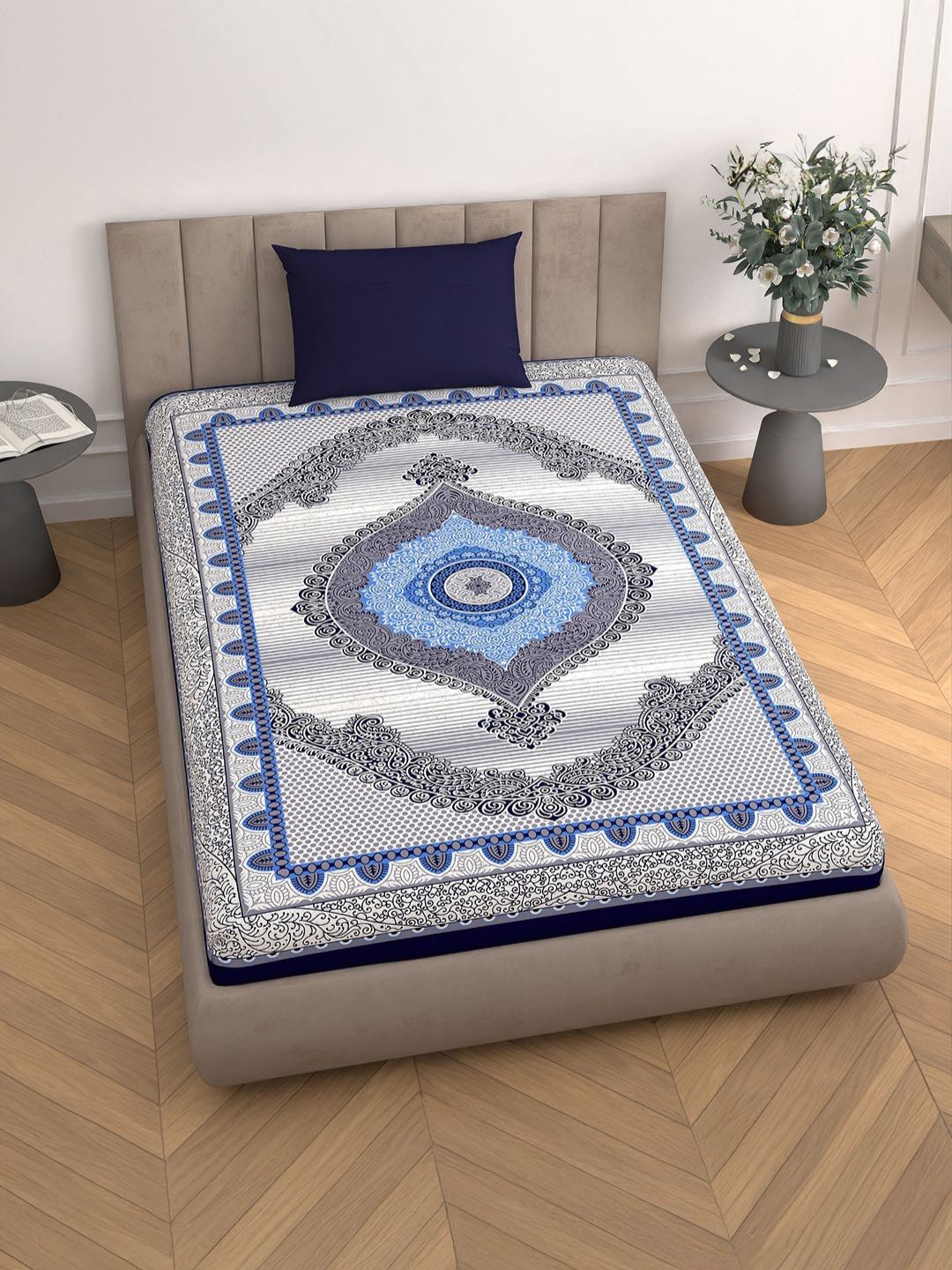 Cortina Turquoise Blue & White Ethnic Motifs 110 TC Single Bedsheet with 1 Pillow Covers-image-12