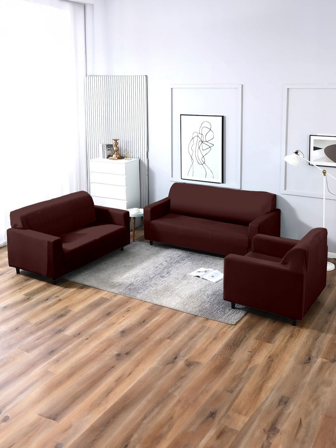 Aura Brown Stretchable Three Seater Sofa Cover With 2 Single Seater Sofa Cover-picture-24