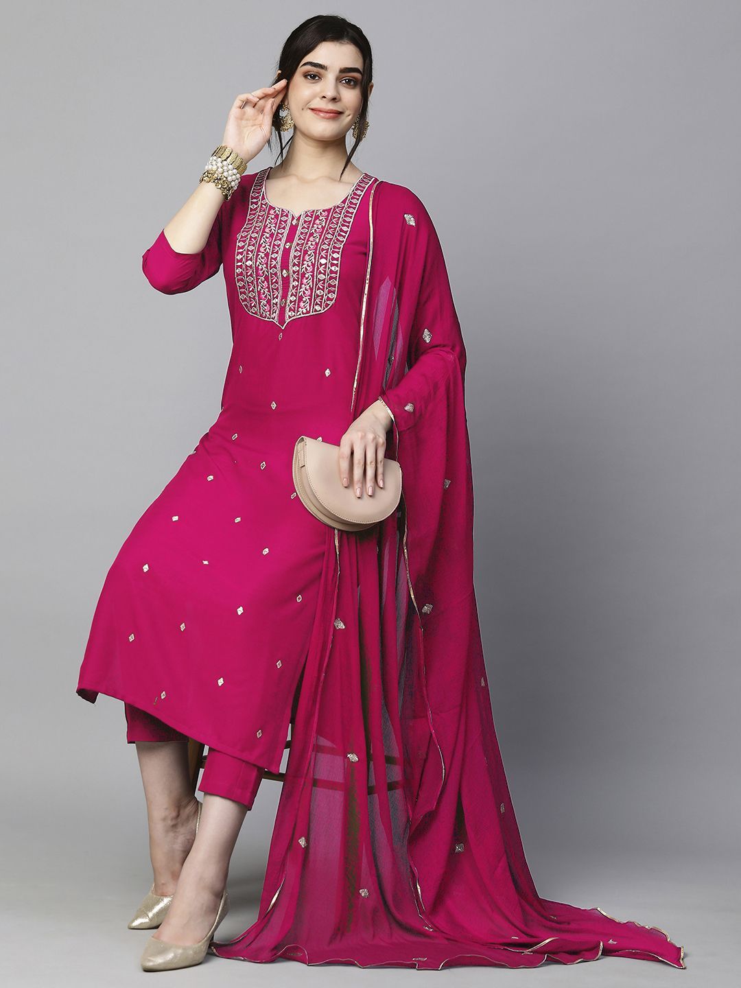GoSriKi Zari Geometric Embroidered Sweetheart Neck Straight Kurta With Trouser And Dupatta-picture-21