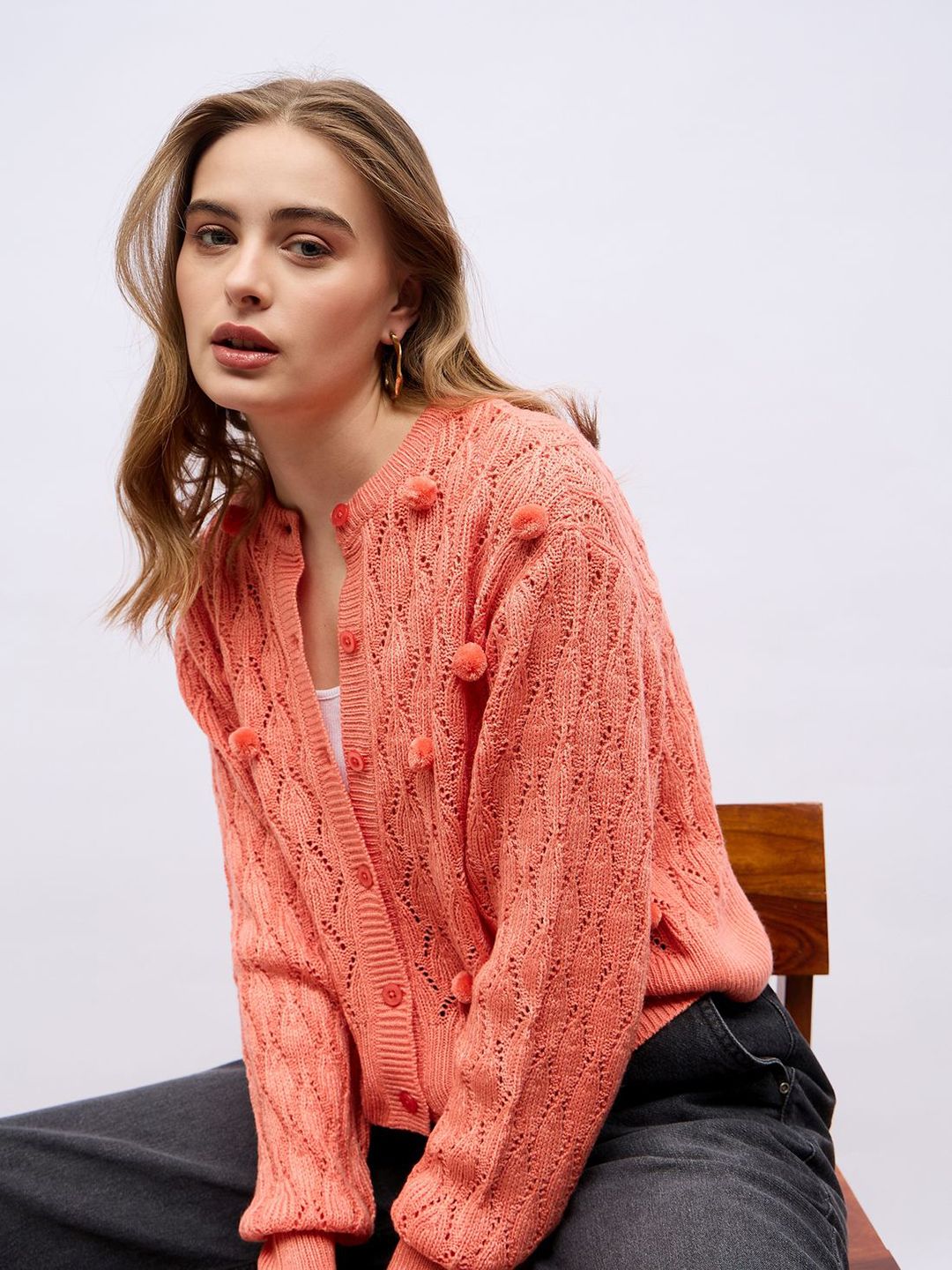 Styli Women Round Neck Regular Length Cardigan With Pompom Details-picture-37