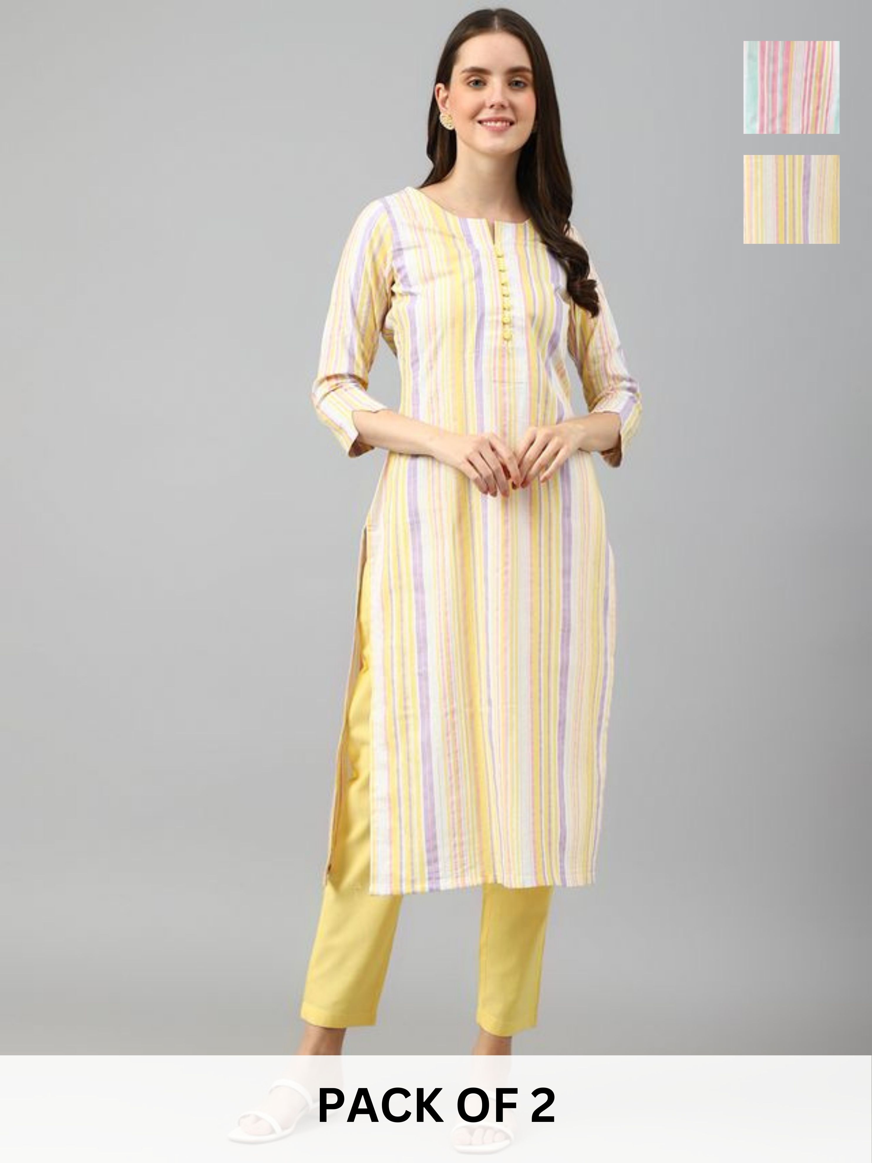 KALINI Selection Of 2 Striped Notch Neck Straight Kurta WithTrousers
