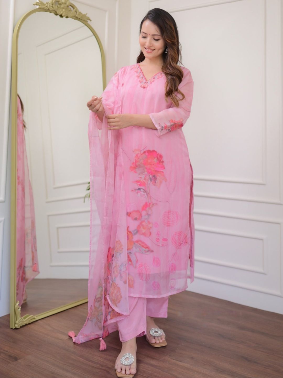 Siya Fashion Floral Printed Thread Work V-Neck Straight Kurta with Trousers and Dupatta-picture-21