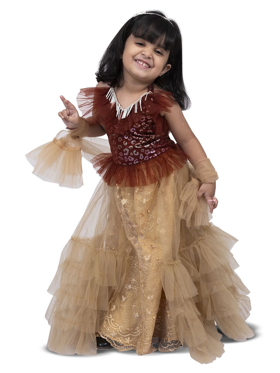 Twisha Girls Embellished Halter Frilled Top With Layered Ghaghra Skirt With Dupatta-picture-42