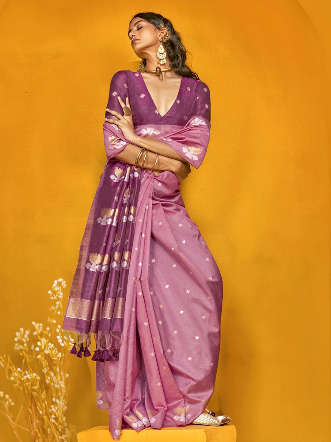 Deep Carmine Tussar Silk Floral Printed and Zari Woven Saree
