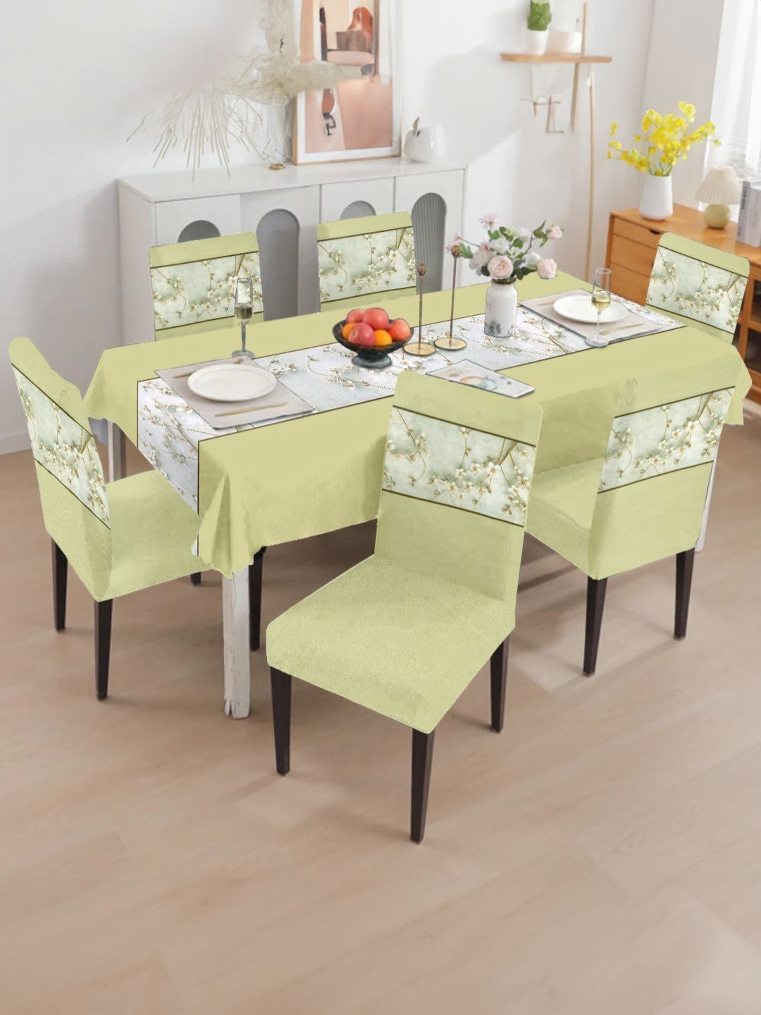 Aura 7-Pcs Yellow & Grey Floral Printed Table Cover & Dining ChairCoverSet-image-27