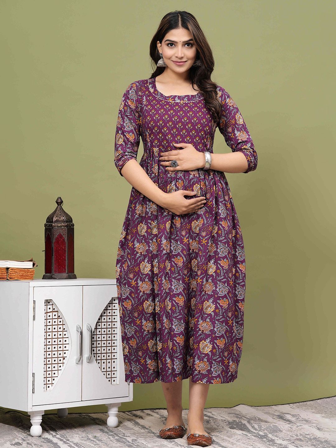 mad fury Floral Print Maternity Cotton Fit & Flare Midi Dress