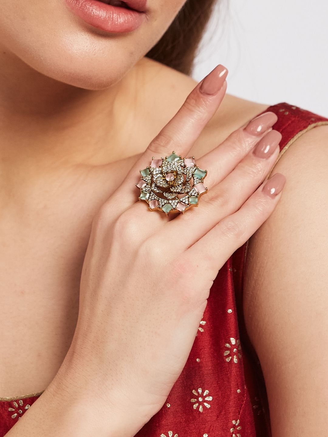 ATIBELLE Gold-Plated Cubic Zirconia Stone Studded Finger Ring