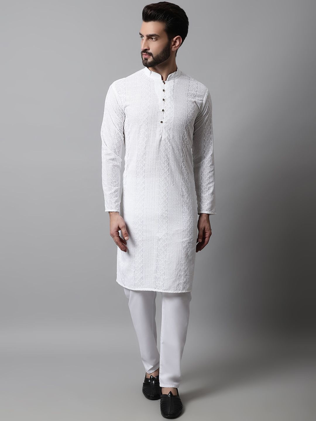 Jompers Men Embroidered Regular Chikankari Pure Cotton Kurta with Pyjamas-picture-23
