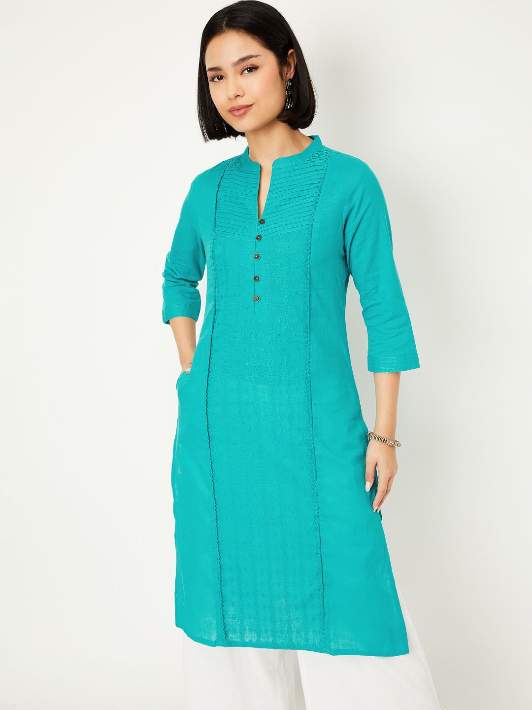 max Pleated Mandarin Collar Pure Cotton Straight Kurta-picture-23