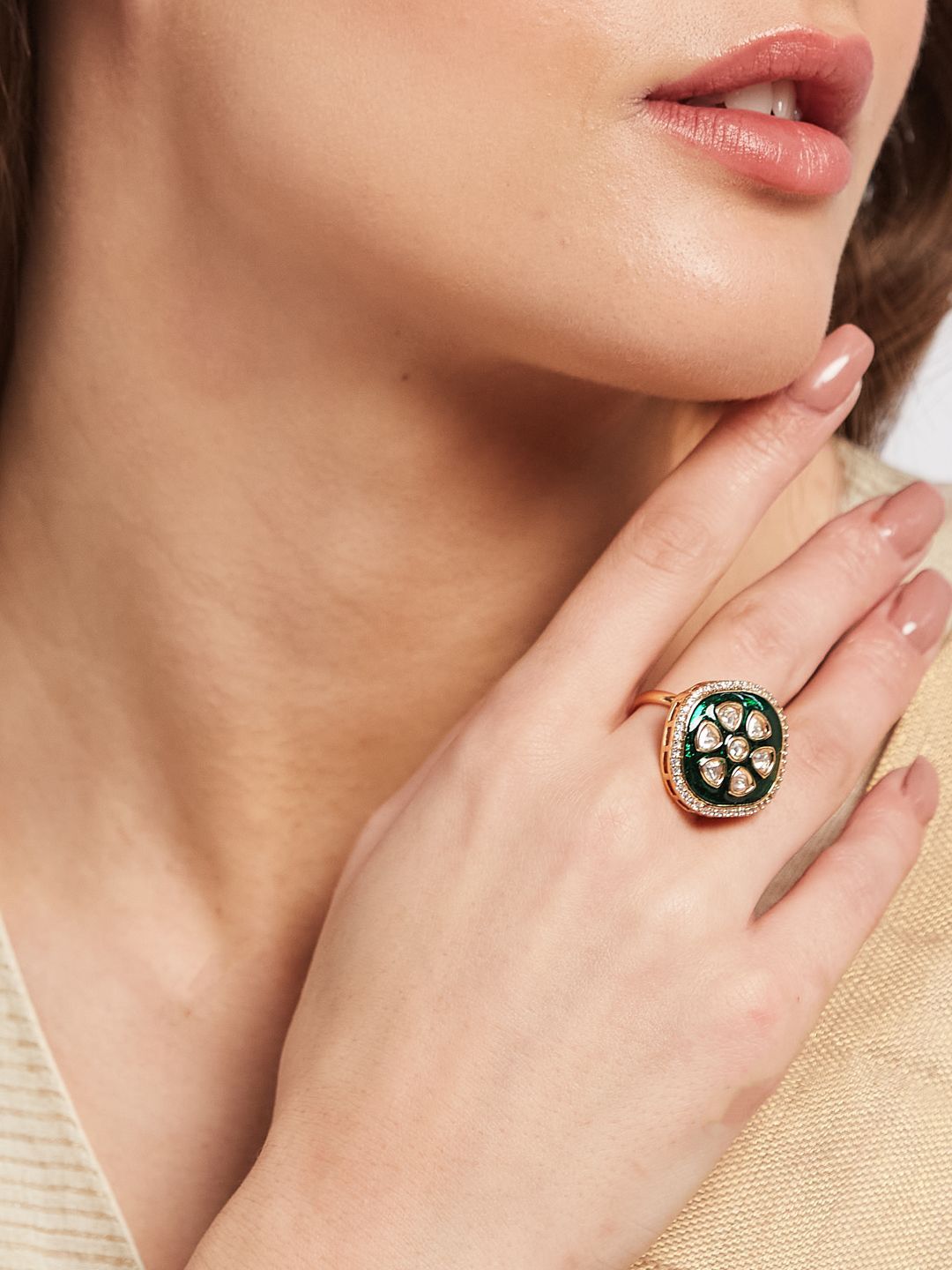 ATIBELLE Gold-Plated Cubic Zirconia And Kundan-Studded Finger Ring