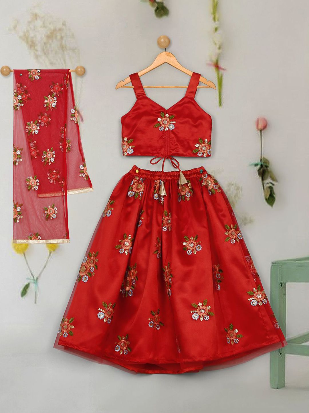 SAKA DESIGNS Girls Embroidered Thread Work Ready to Wear Lehenga & Blouse With Dupatta