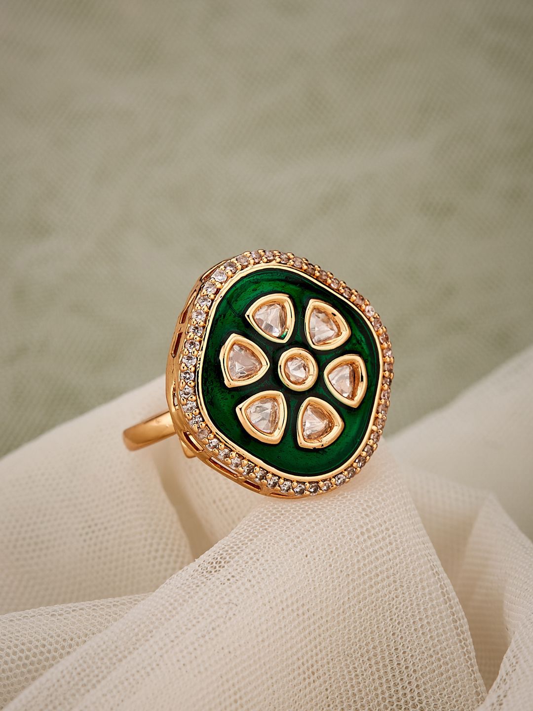 ATIBELLE Gold-Plated Cubic Zirconia And Kundan-Studded Finger Ring