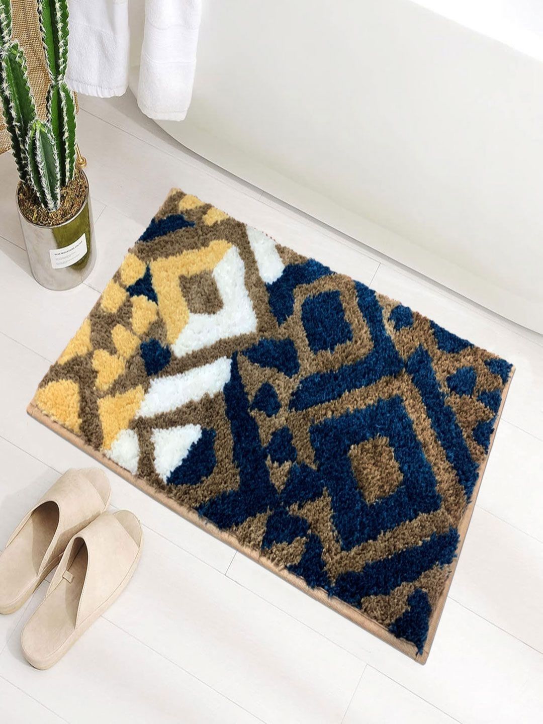 LUXEHOME INTERNATIONAL Blue & Taupe Printed Microfibre 1780 GSM Bath Rugs-picture-26