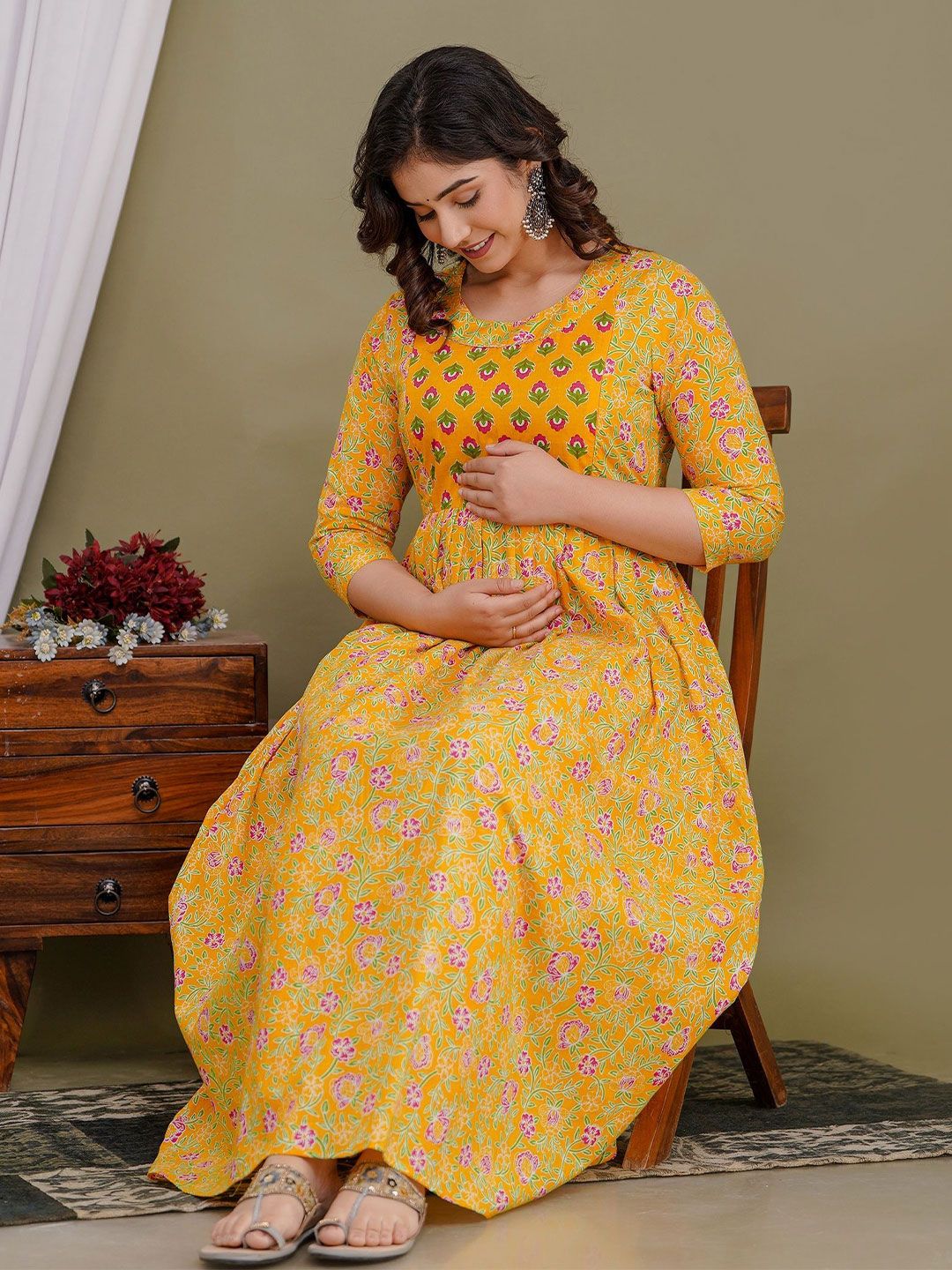 Tulsiram Women Floral Printed Pure Cotton Maternity Ethnic Dresses-picture-21