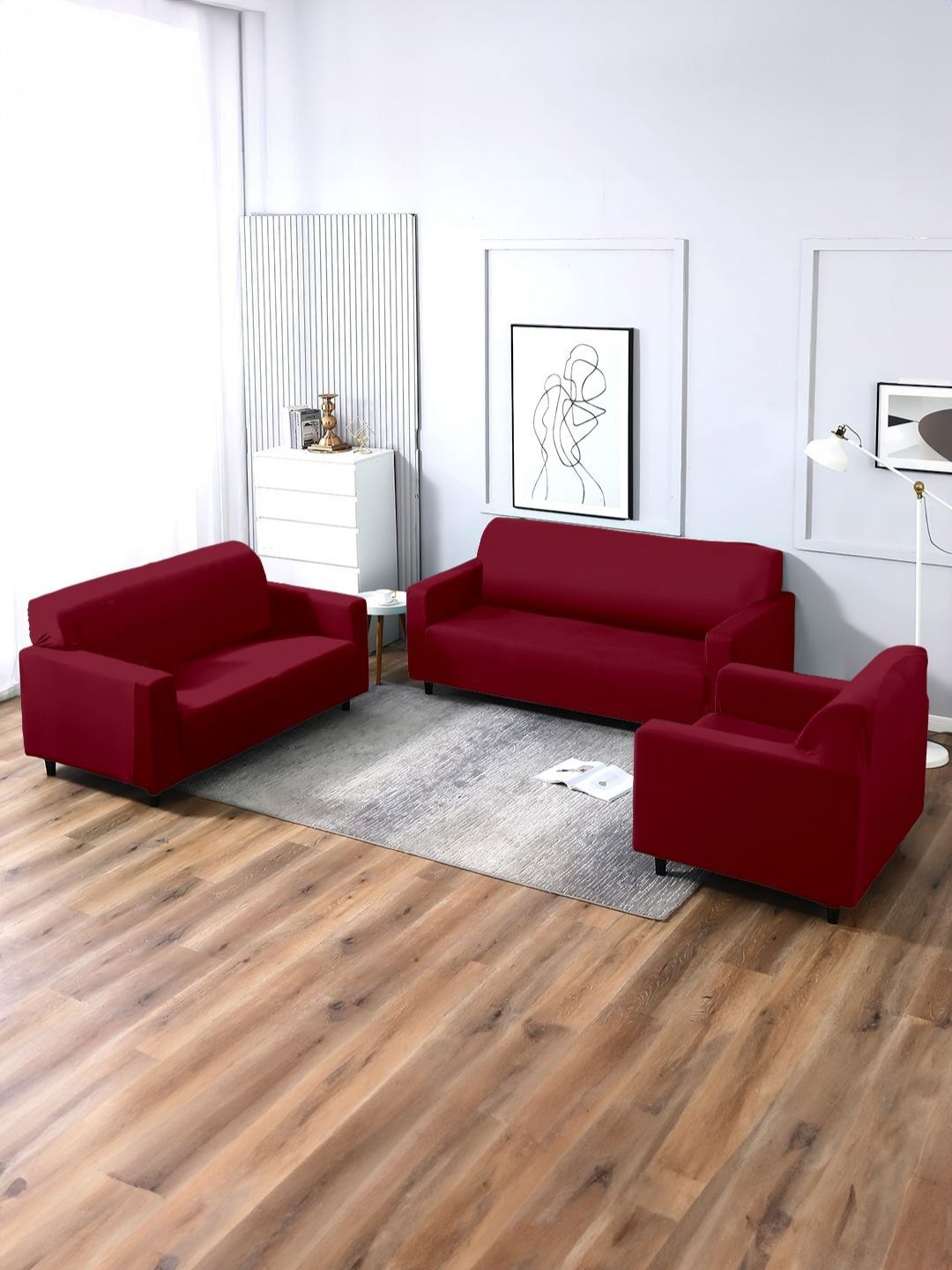 Aura Maroon Stretchable Three Seater Sofa Cover With 2 Single Seater Sofa Cover-image-21